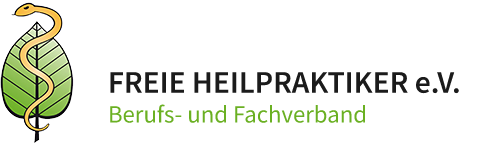 Logo des Berufs- und Fachverbands Freie Heilpraktiker e.V. – grüne Blattform mit Äskulapstab, Symbol für Naturheilkunde und fachliche Qualität.