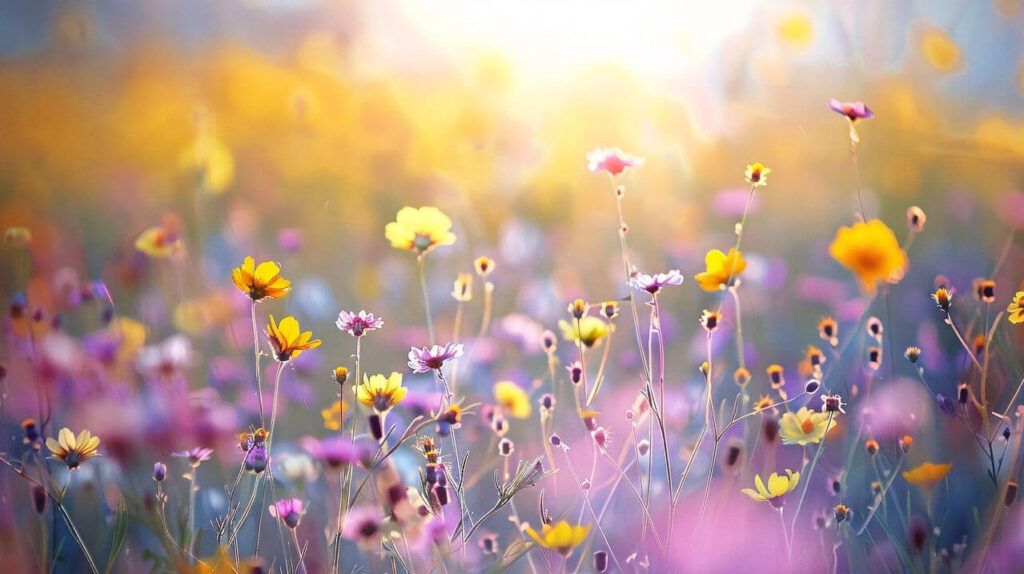 Blühende Wildblumen in warmem Morgenlicht – Symbol für Heilung, neue Lebenskraft und die sanfte Wirkung körperorientierter Traumatherapie.